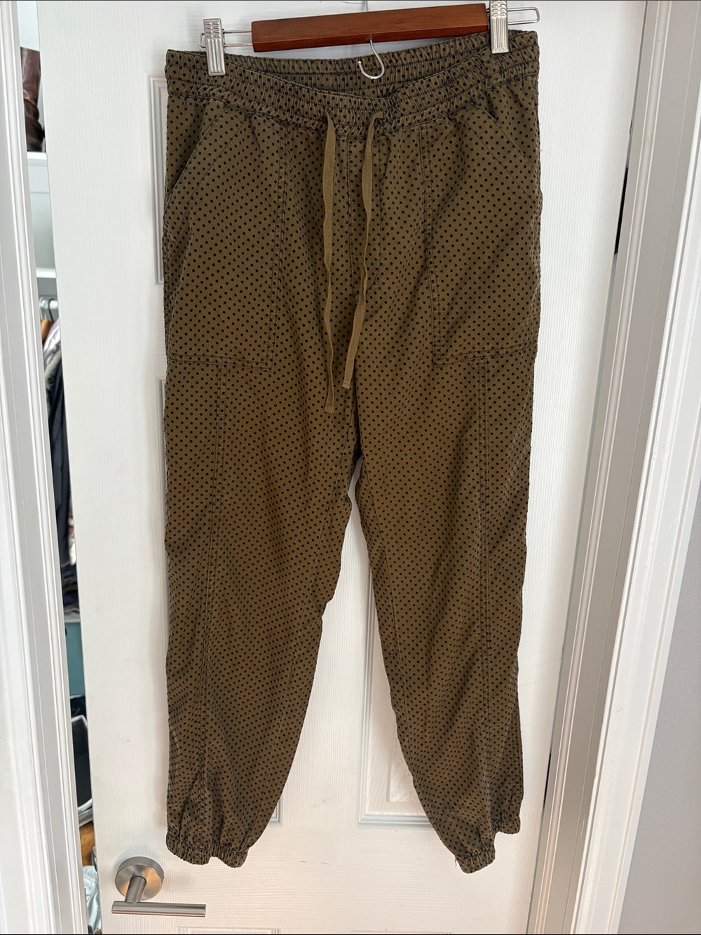 Anthropologie Olive Green Polka Dot Drawstring Joggers